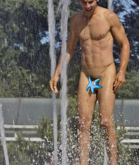 Nude boy in a fountain
