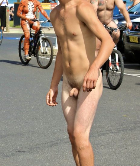 Nude dude on a skateboard