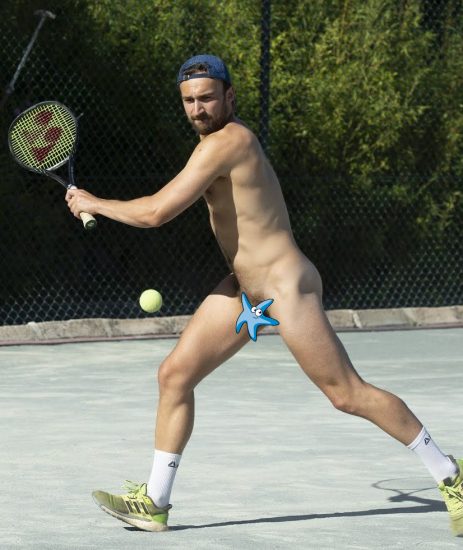 Nude guy playing tennis