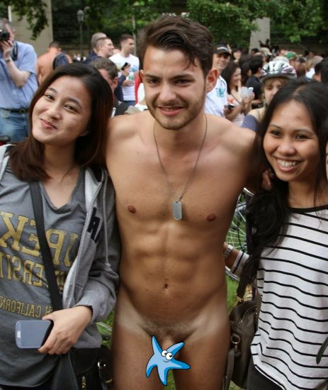 Nude man with clothed females