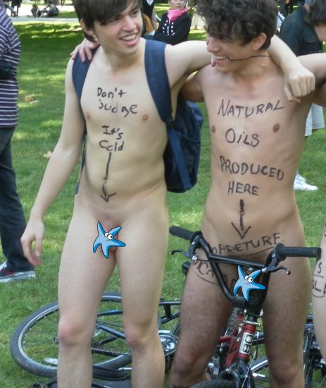 Two naked bike ride boys