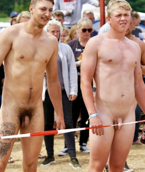 Two nude dudes in public