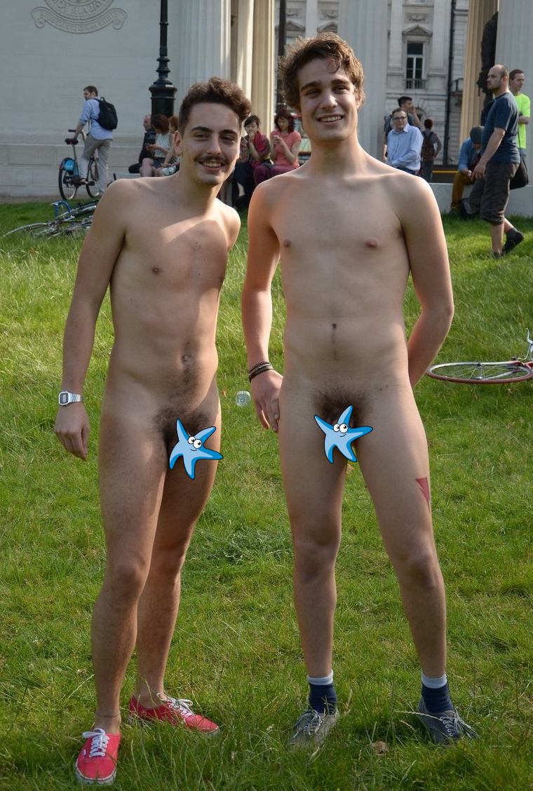 Two nude guys in a park