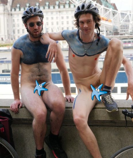 Two nude guys with helmets
