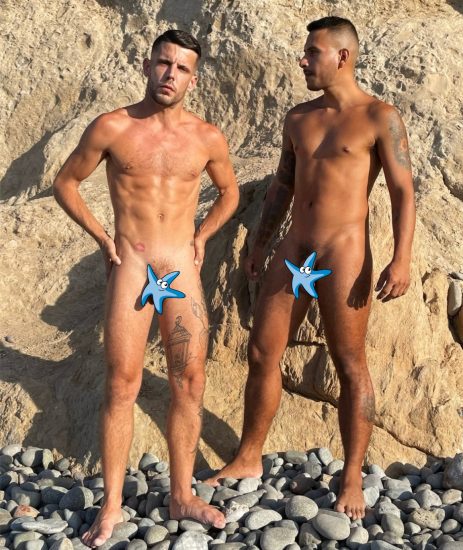 Two nude men outdoors